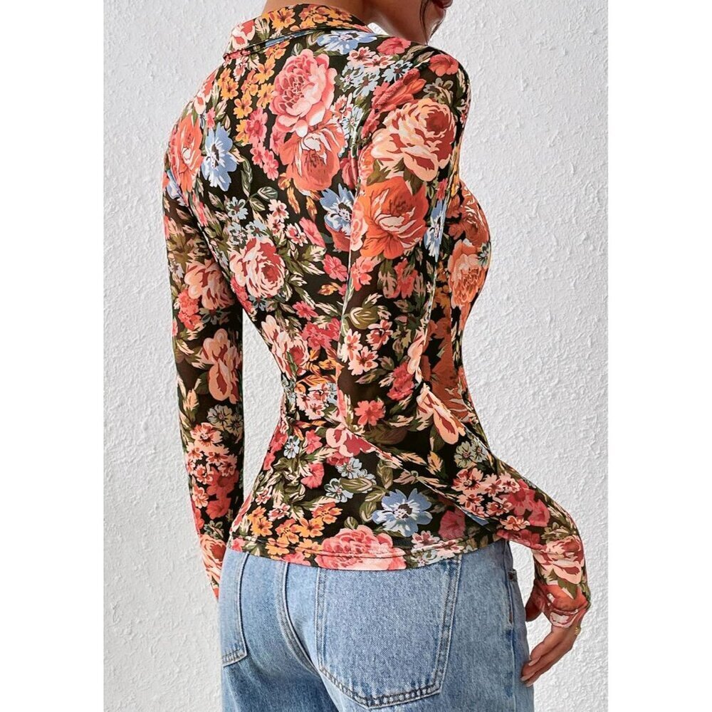 Women Black Floral Button Down Floral Shirt Trendy Long Sleeve V Neck Blouse Top - Picture 5 of 8